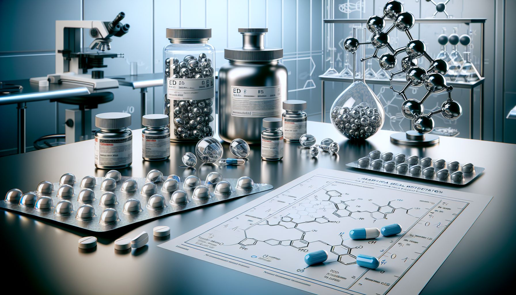 A collection of various ED pills scattered on a table with a prescription pad nearby.
